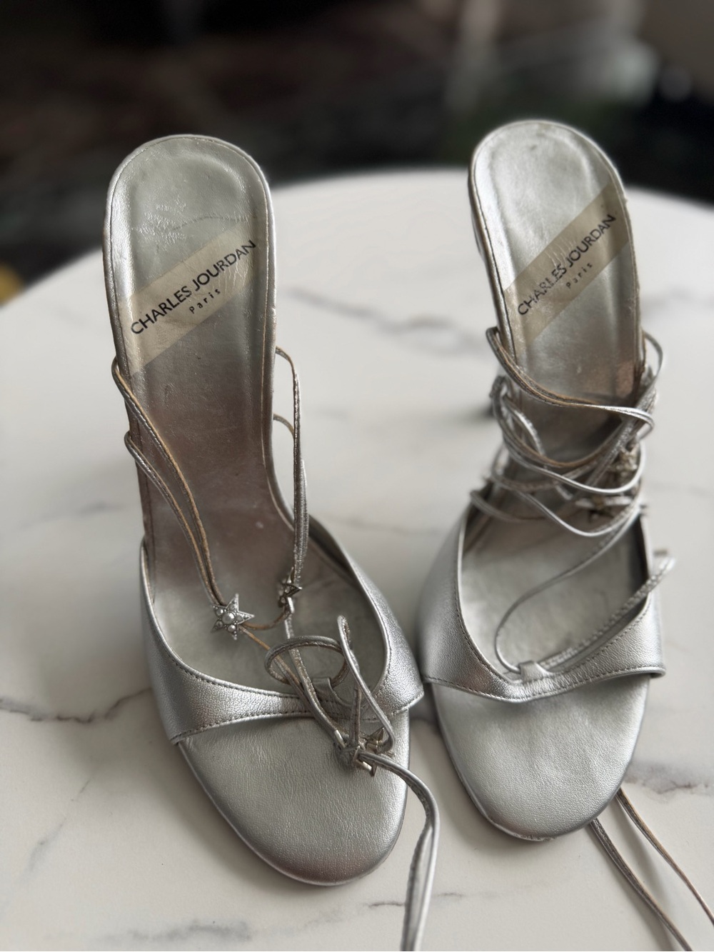 Charles Jourdan Silver Lace-Up Star Charm Heeled Sandals